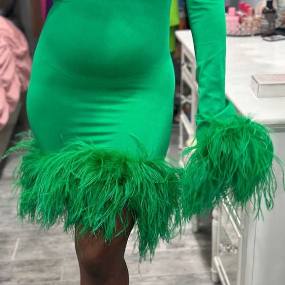 Green One Sleeve Custom Ostrich Feathers Bodycon Mini Dress - Picture 4 of 15